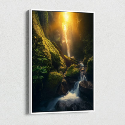 Canvas wall art featuring a glowing orange sunset over a mossy green forest waterfall with flowing water.