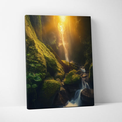 Canvas wall art featuring a mossy green forest with a golden sunset waterfall cascading over rocks.