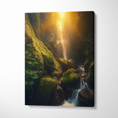 Canvas wall art of a serene sunset waterfall flowing through a green mossy forest, nature decor.
