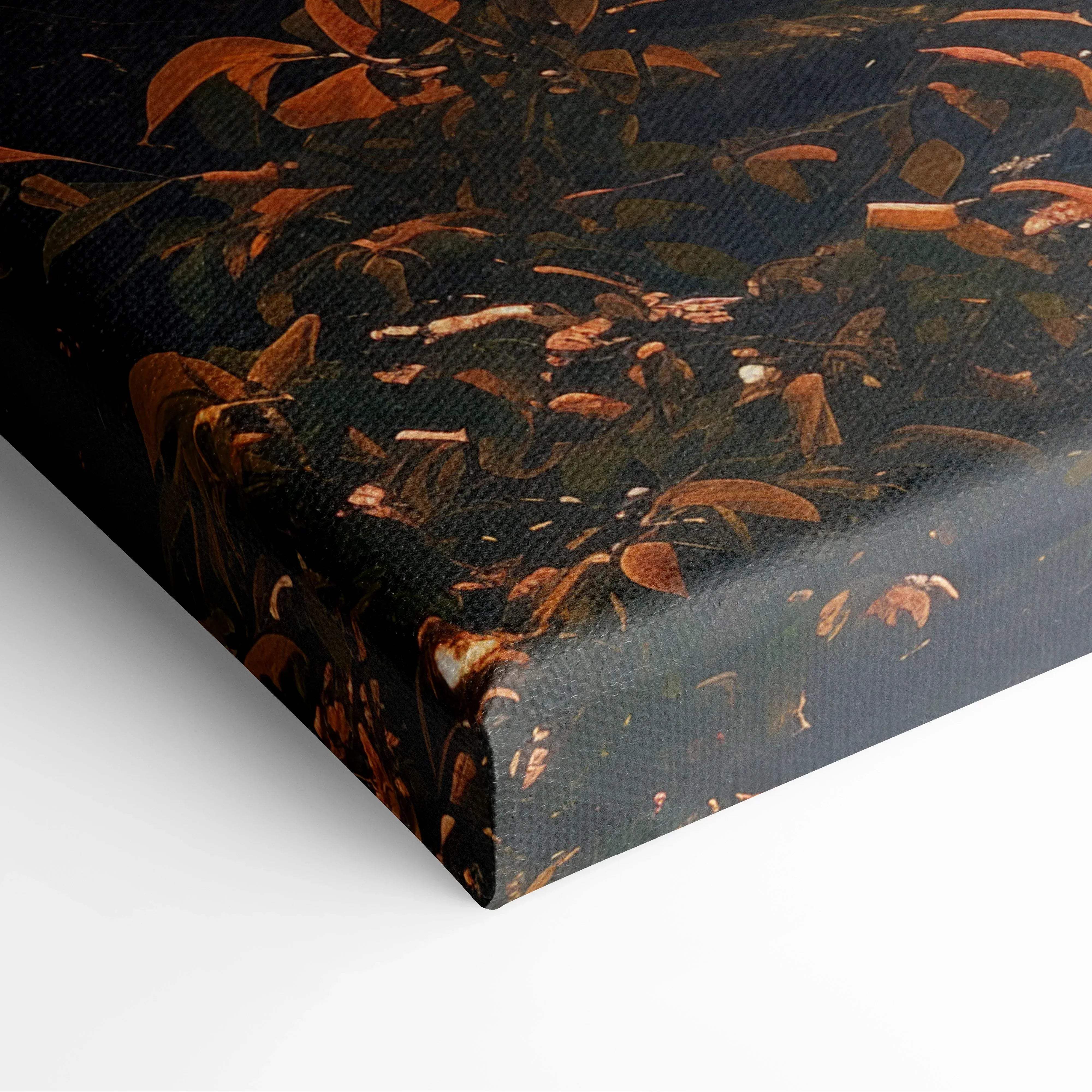 Autumn forest waterfall canvas wall art featuring detailed fallen leaves in warm brown and orange hues on dark texture