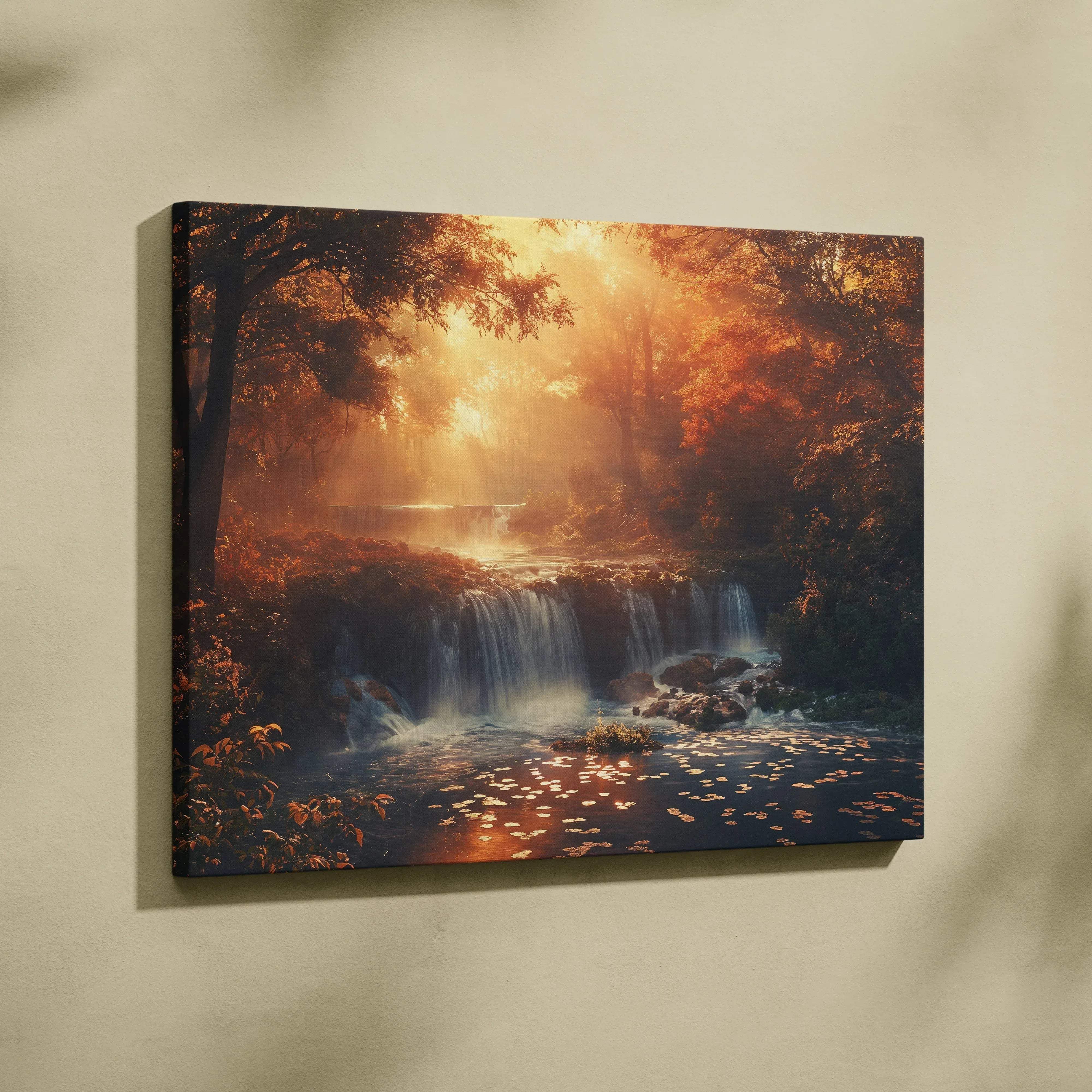 A rectangular canvas print of a serene autumn forest waterfall with golden sunlight for tranquil wall decor