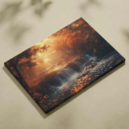 Canvas wall art featuring a glowing autumn forest with a cascading waterfall at sunset in warm orange and brown tones.