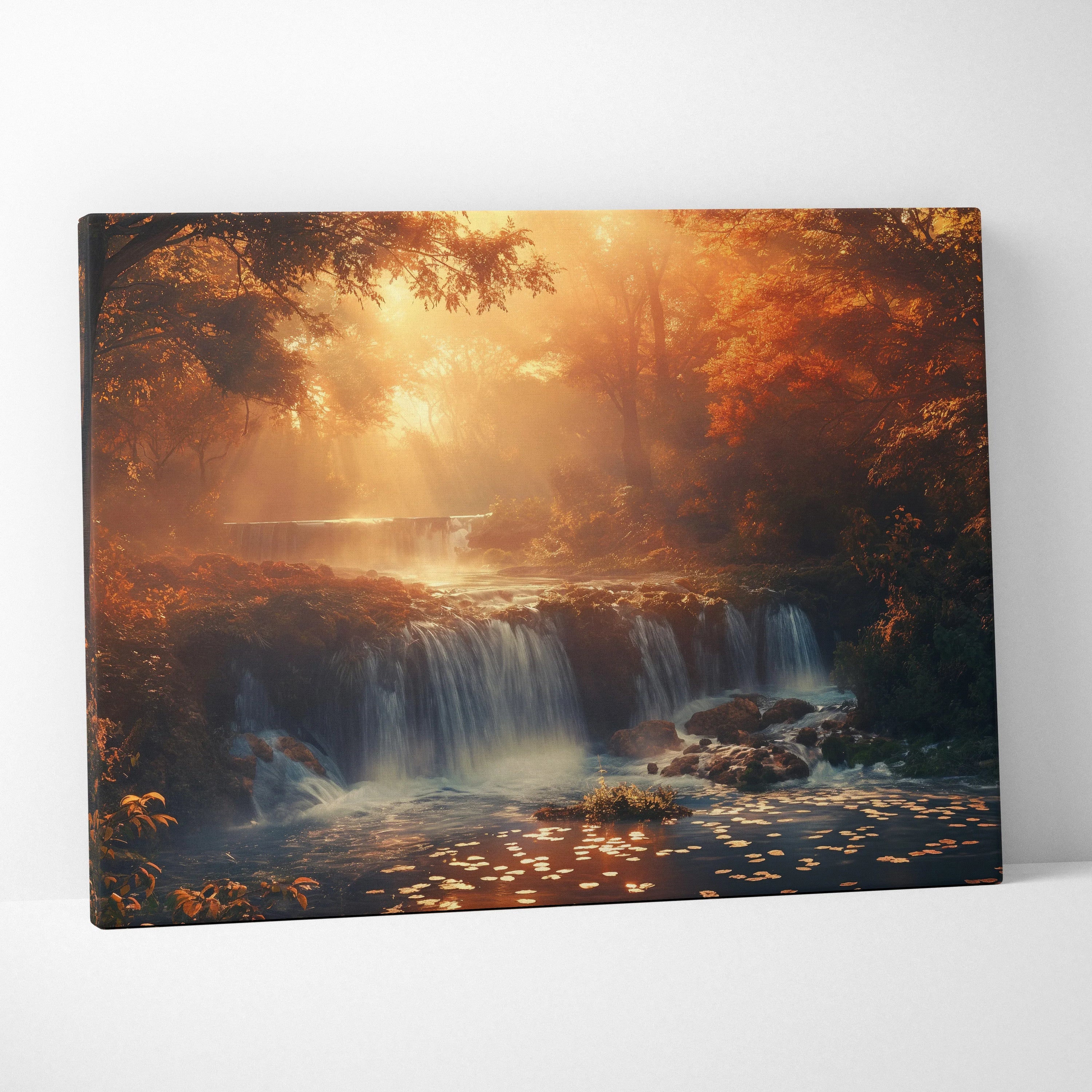 Canvas wall art featuring a warm autumn forest with a glowing sunset over a cascading waterfall.