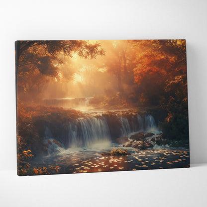 Canvas wall art featuring a warm autumn forest with a glowing sunset over a cascading waterfall.
