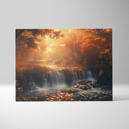Canvas wall art featuring a vibrant autumn forest with a glowing sunset and cascading waterfall in warm orange and golden.