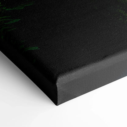 Close-up of black canvas edge with subtle green forest and waterfall digital art print for wall decor.