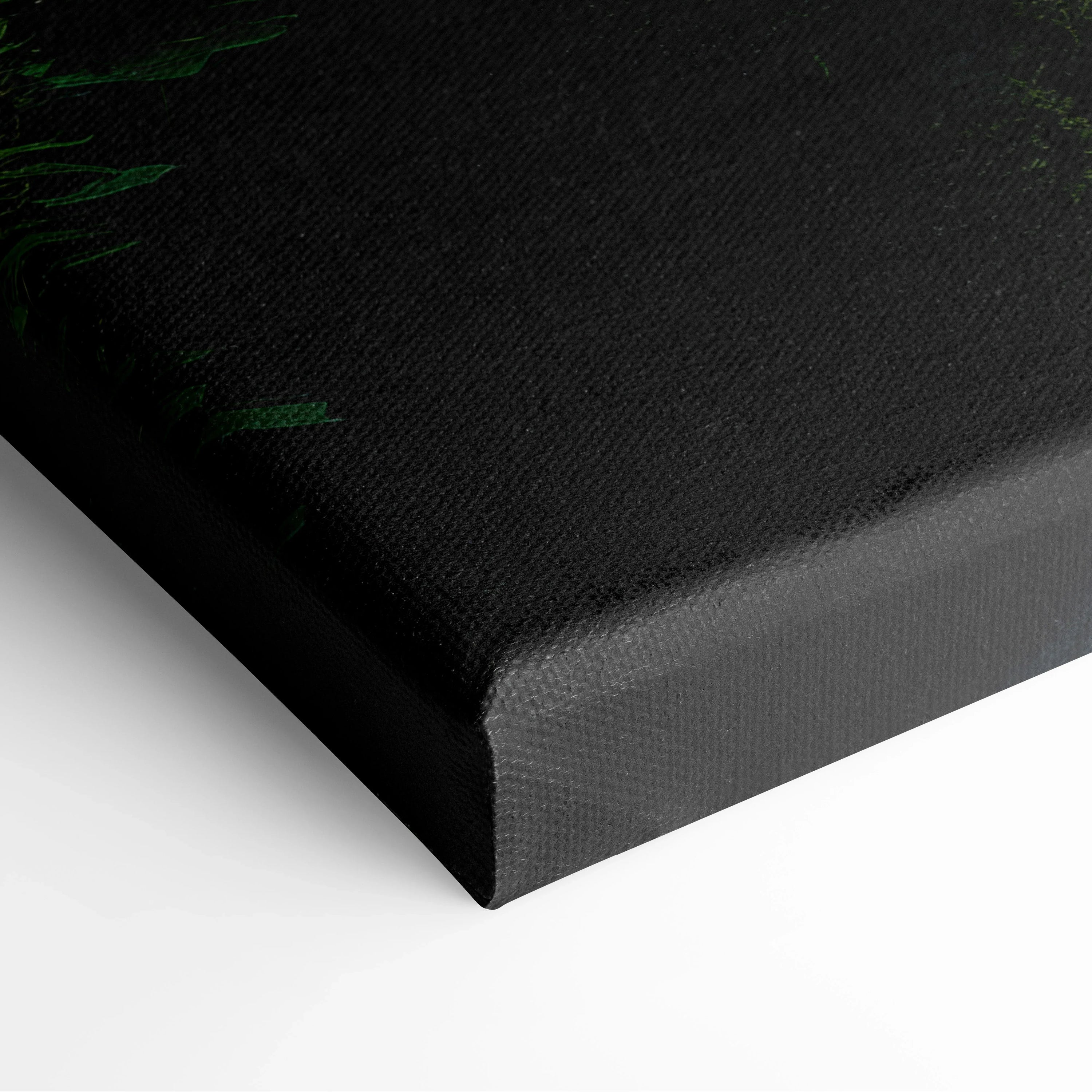 Close-up of black canvas wall art corner with subtle green moss texture and wrapped edges.
