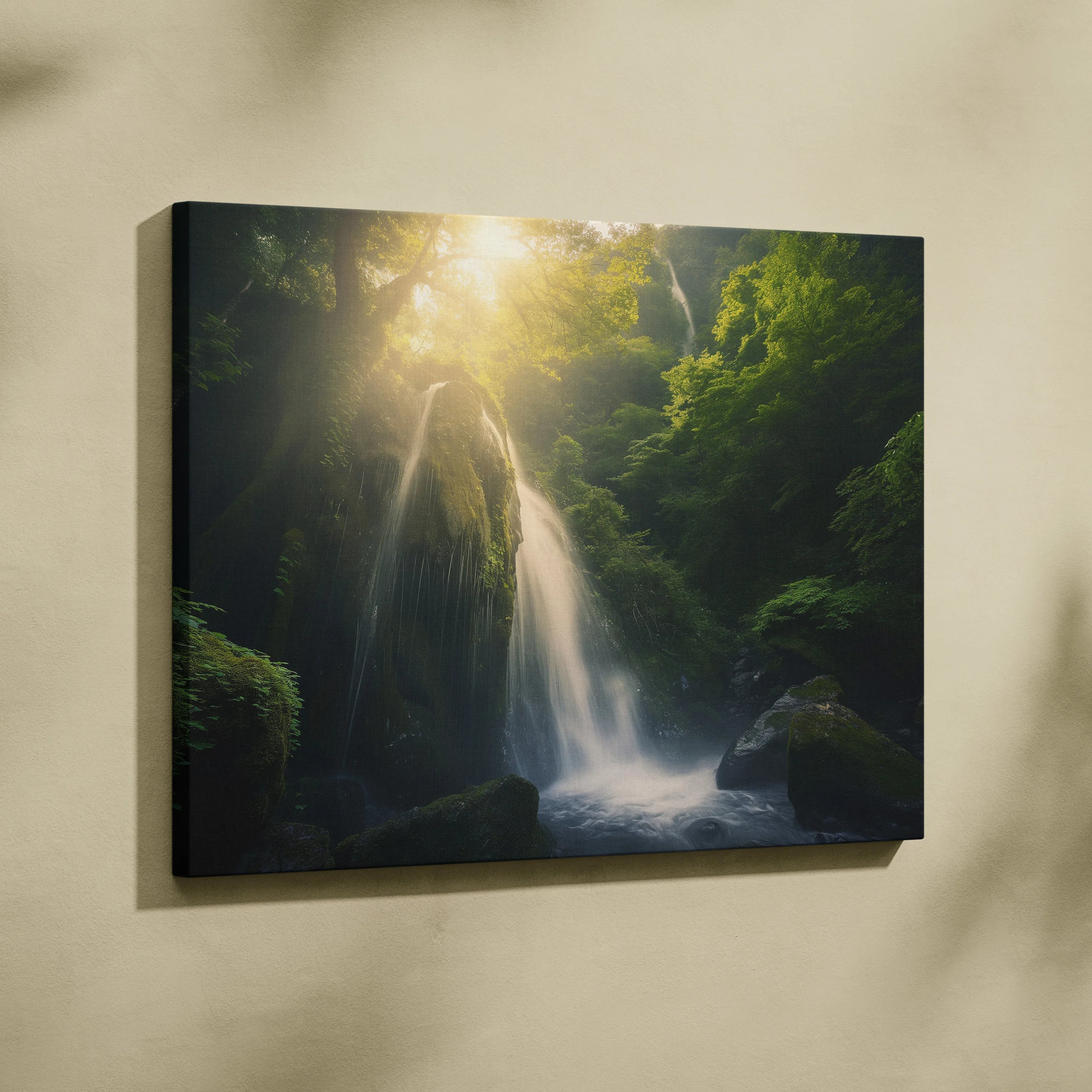 Canvas wall art featuring a serene forest waterfall with lush green foliage and soft sunlight filtering through trees.