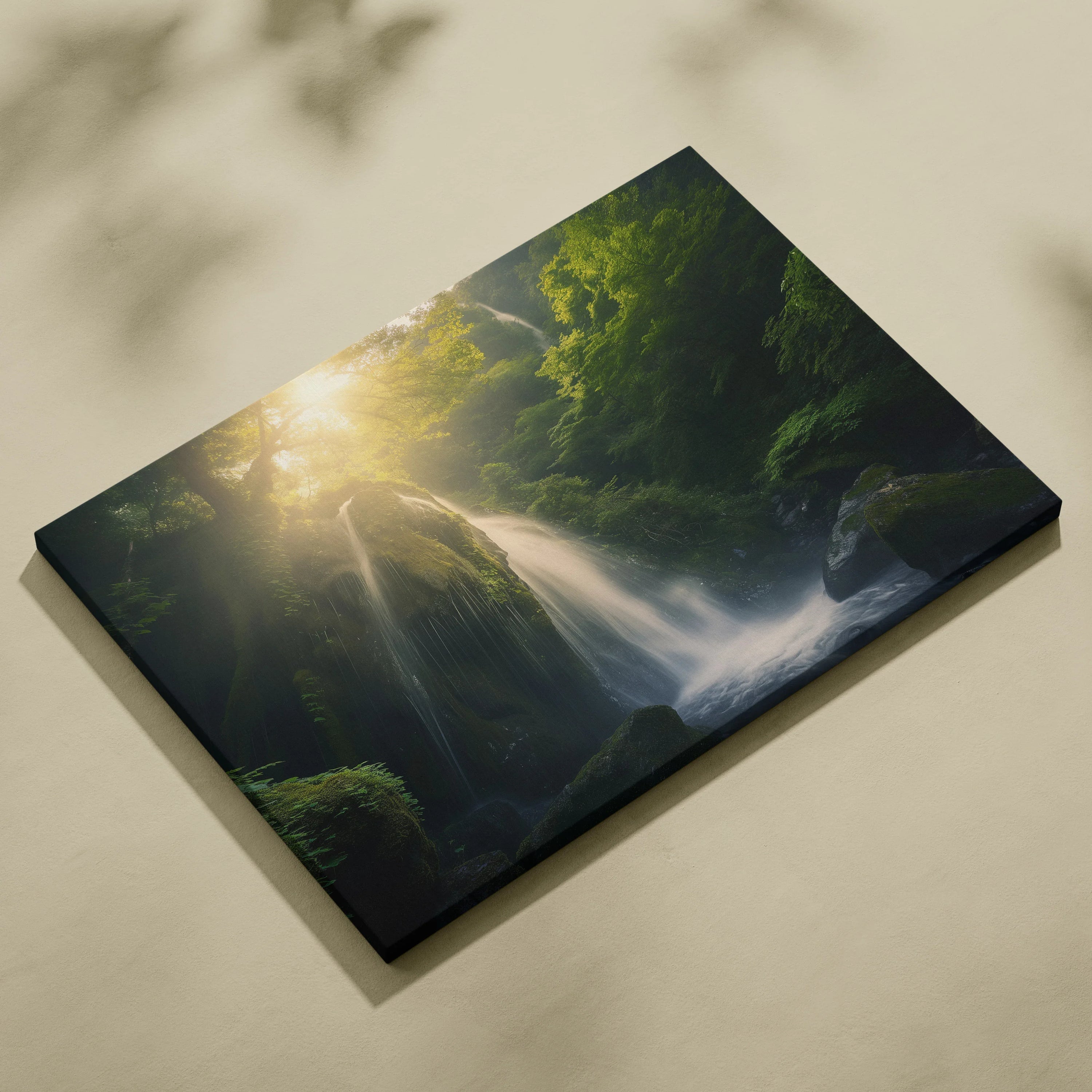 Canvas wall art featuring a high-resolution digital painting of a sunlit waterfall cascading through a lush, moss-covered.