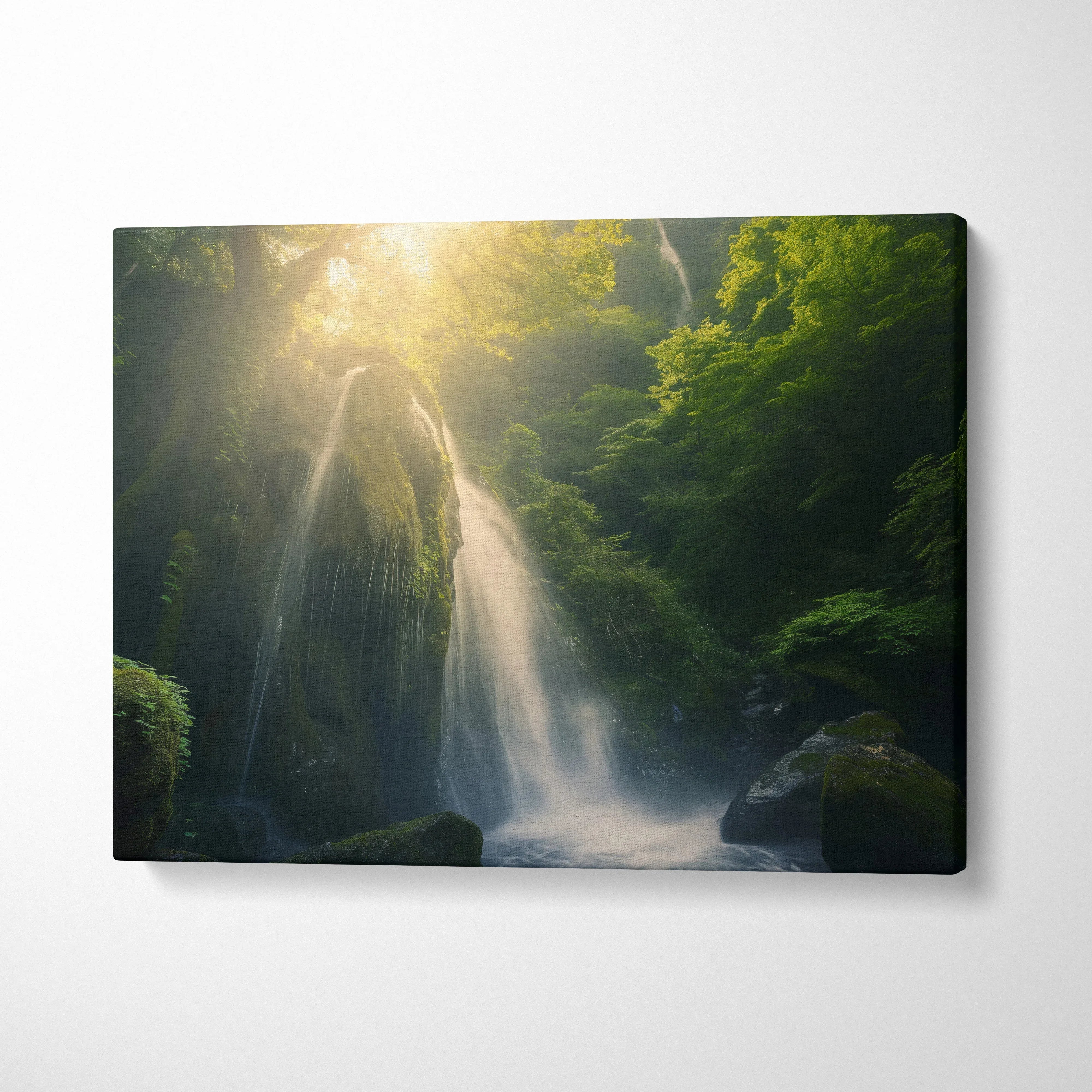 Waterfall in mossy forest canvas wall art with soft sunlight and lush greenery decor.