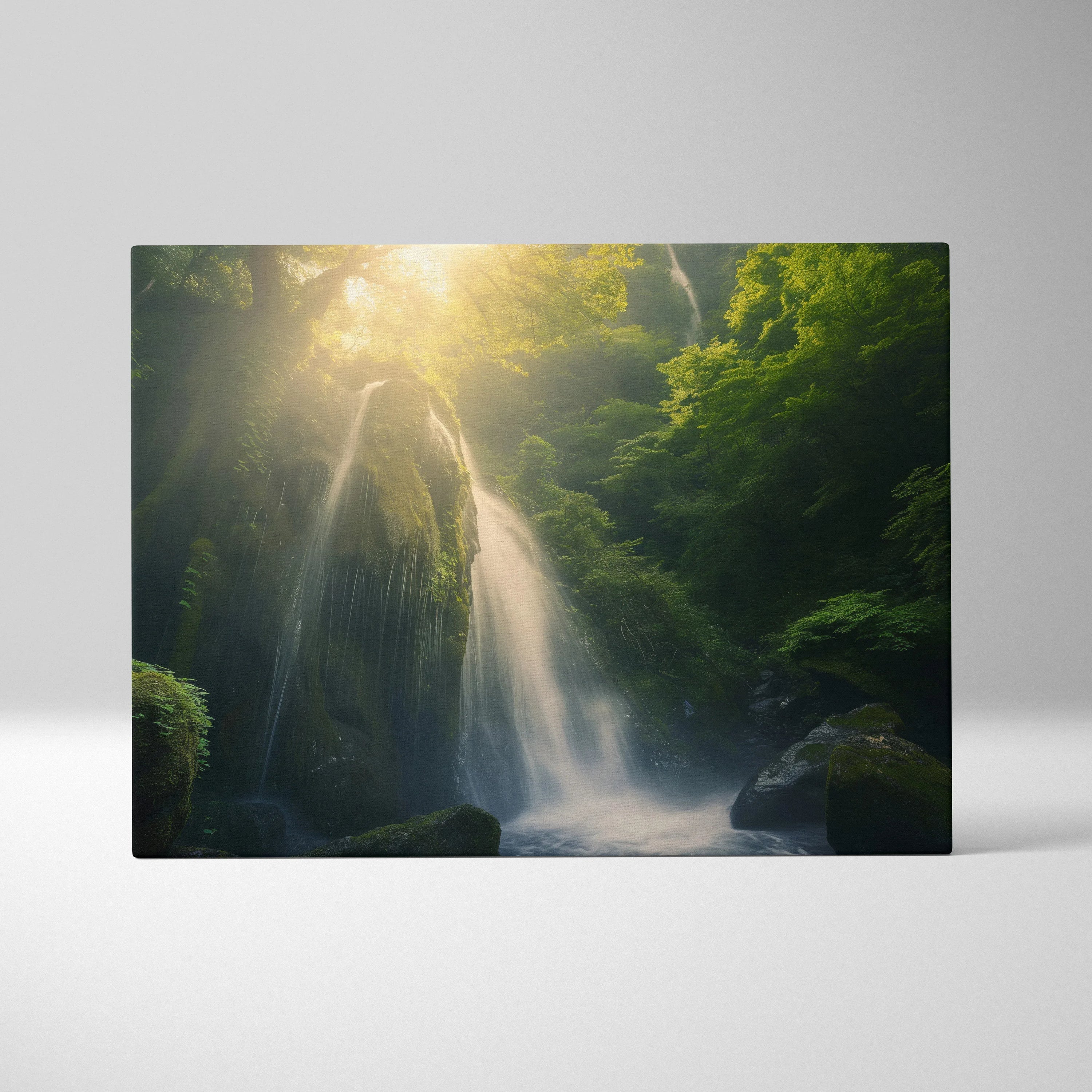 Canvas wall art featuring a lush green forest with sunlight filtering through trees and a cascading waterfall.
