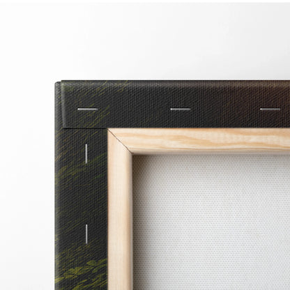 Close-up of wooden frame corner with black canvas edge and white fabric backing for wall art decor.