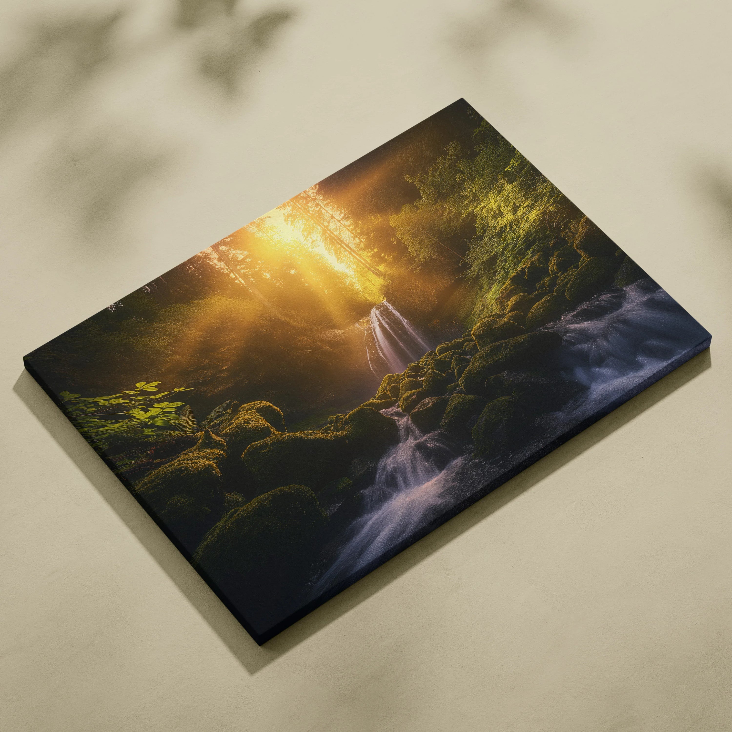 Canvas wall art featuring a glowing waterfall surrounded by lush green forest and golden sunlight rays.