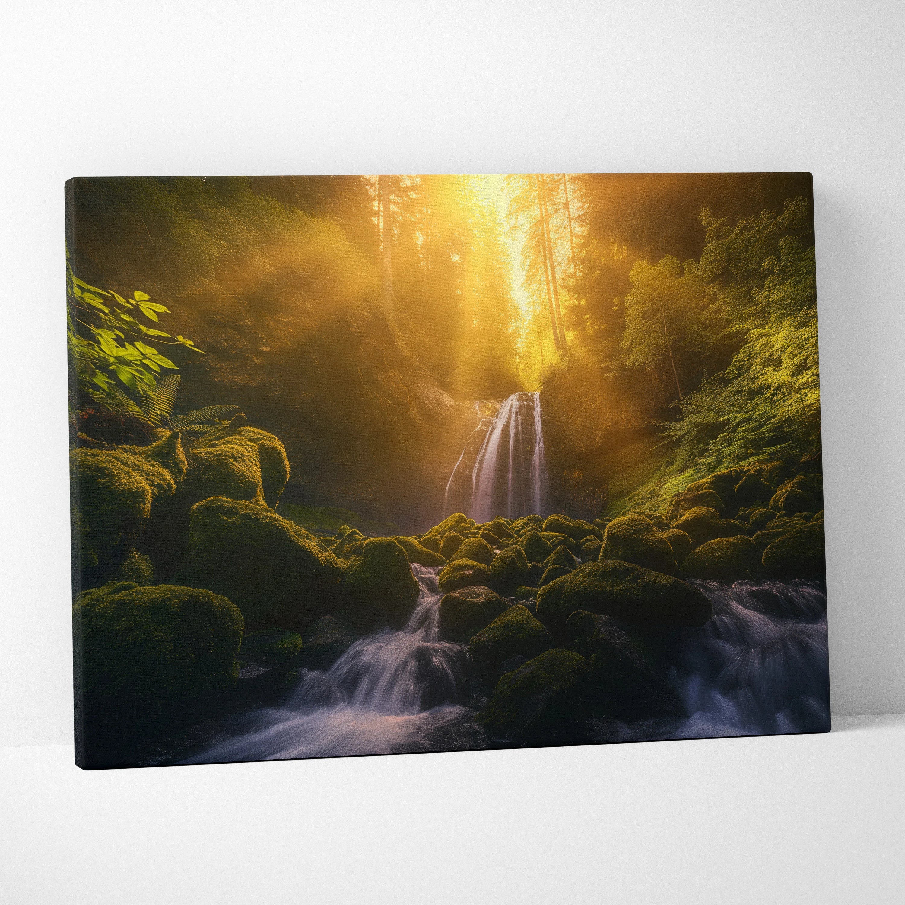 Canvas wall art featuring a sunlit forest waterfall with lush green moss and flowing water.