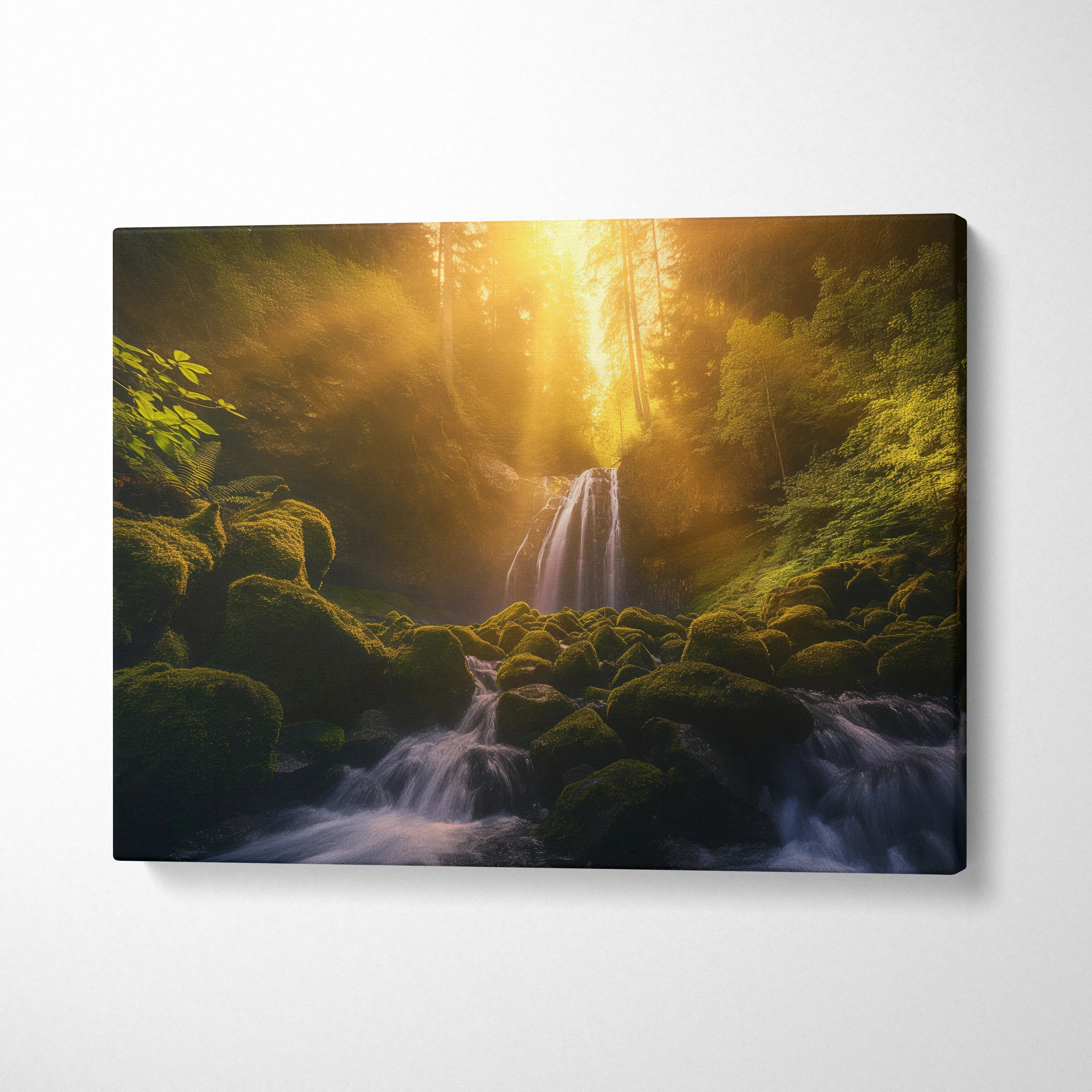 Waterfall forest landscape canvas wall art with glowing sunlight and lush green moss decor.
