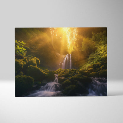 High-resolution canvas wall art of a sunlit forest waterfall with moss-covered rocks and flowing water.