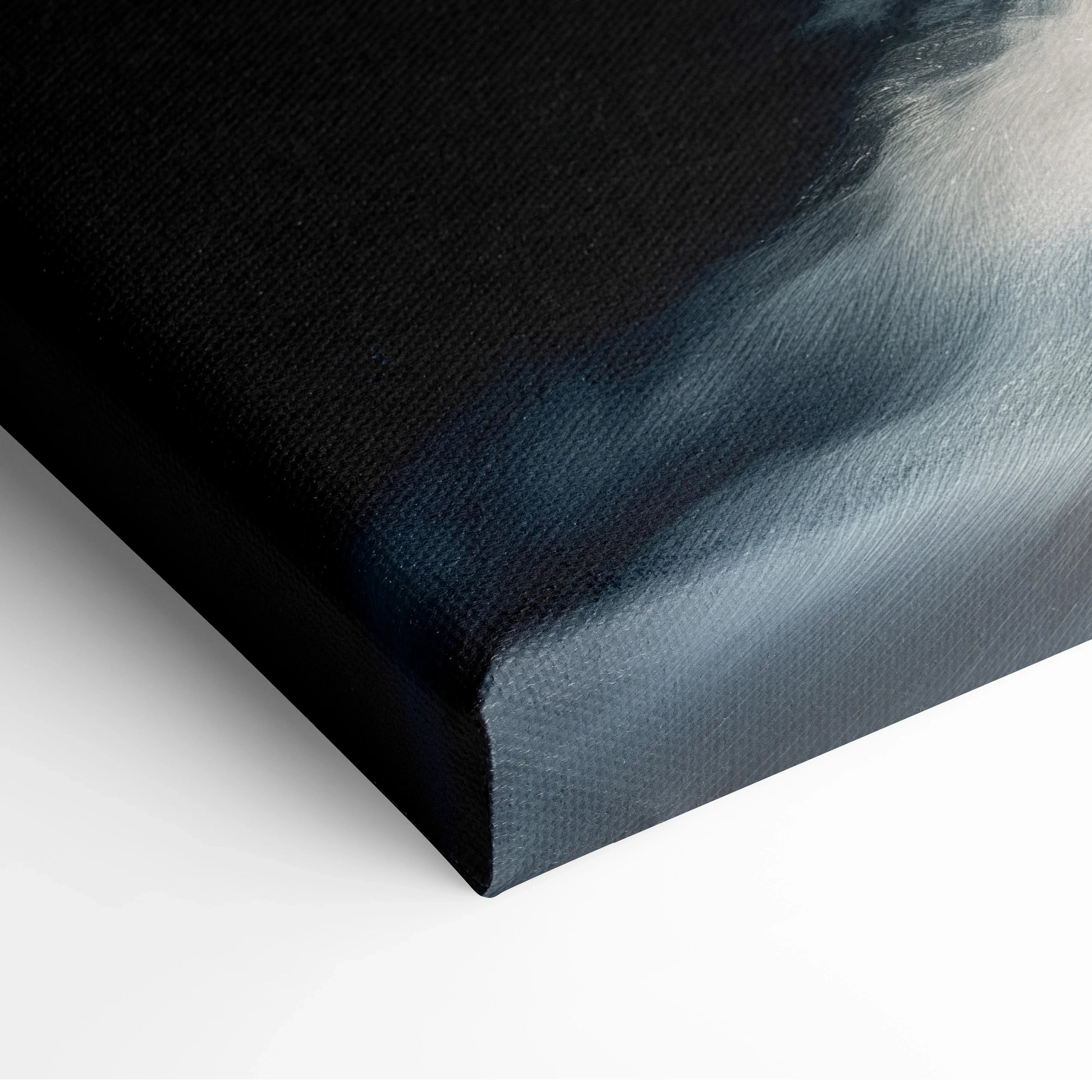 Close-up of canvas wall art corner showing textured, high-resolution print with dark green and blue tones and smooth.