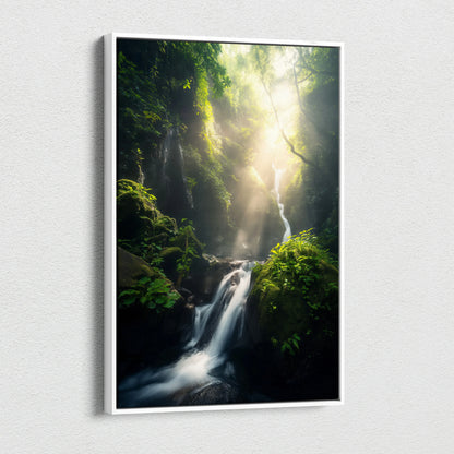 Vertical canvas wall art depicting a lush green forest with a cascading waterfall and sunlight streaming through dense.
