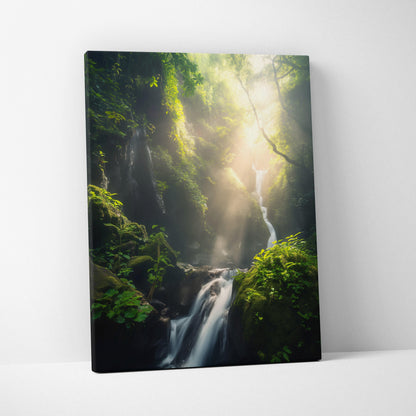 Vertical canvas wall art featuring a lush green forest with sunlight filtering through trees over a cascading waterfall.