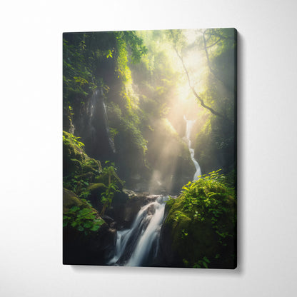 Green forest waterfall vertical canvas wall art with sunlight filtering through dense foliage decor.