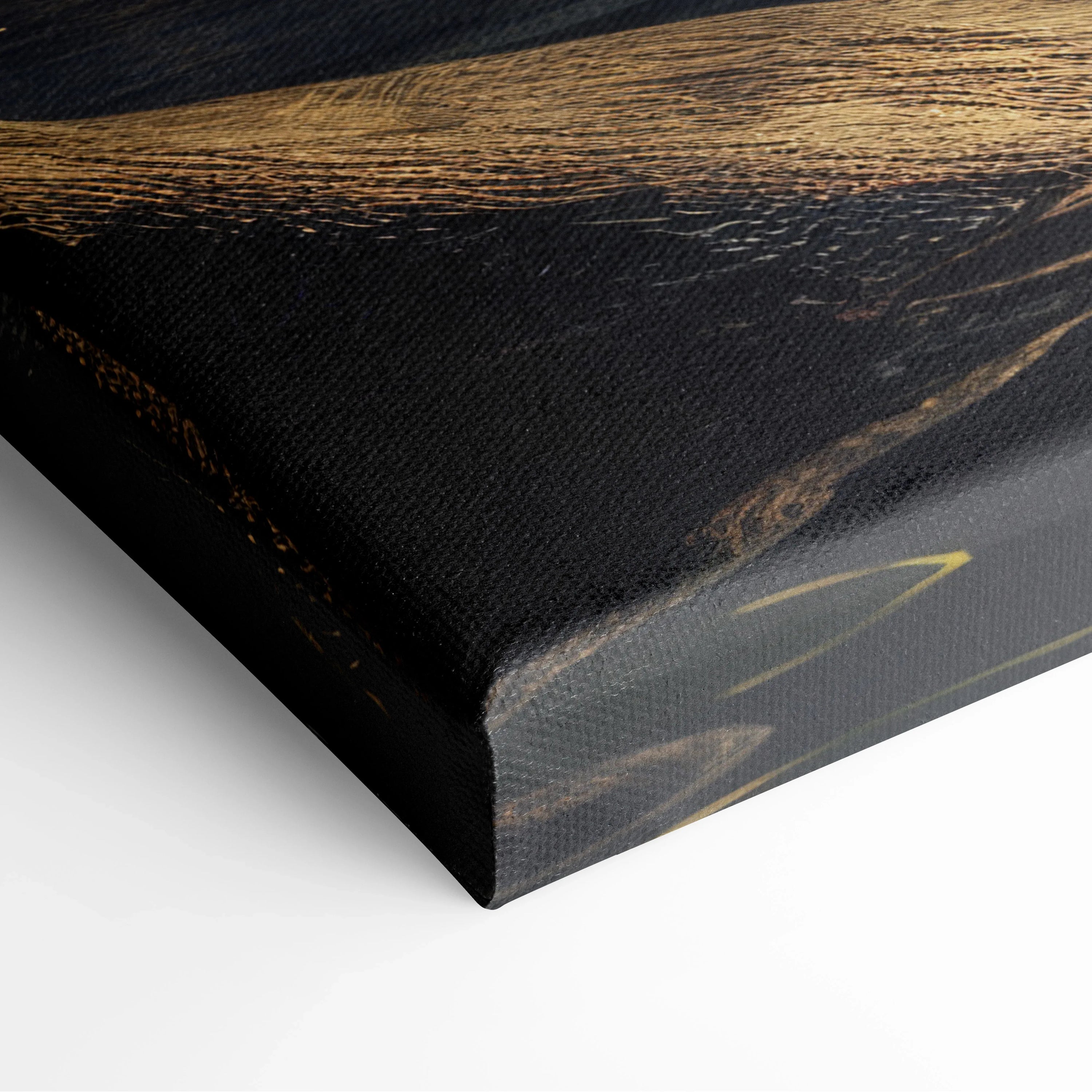 Corner close-up of black canvas wall art with wood grain texture and layered paint details.
