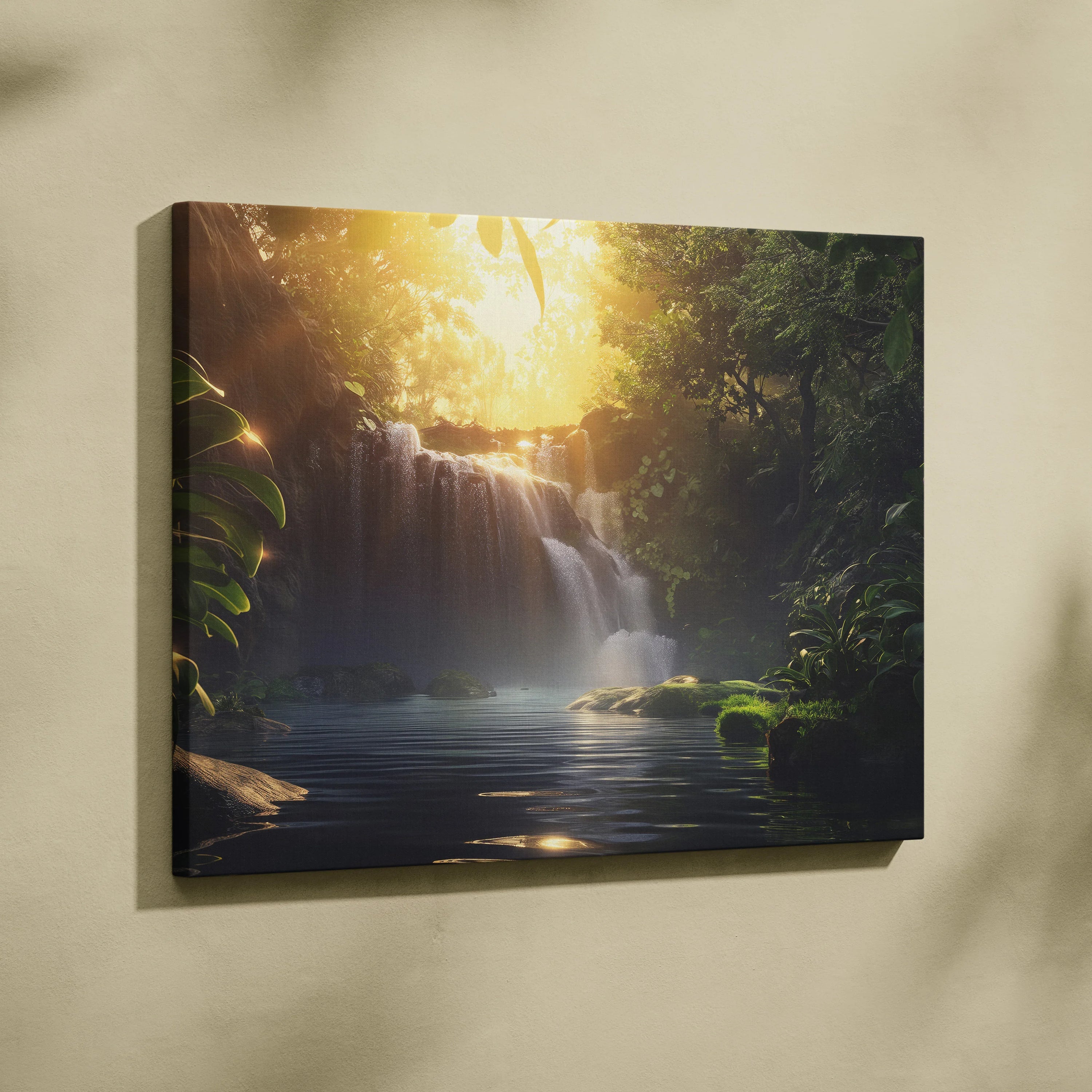 Waterfall in a forest at sunset canvas wall art with warm golden light and lush greenery decor.