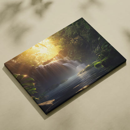 Canvas wall art featuring a serene forest waterfall at sunset with golden light filtering through trees and lush green.