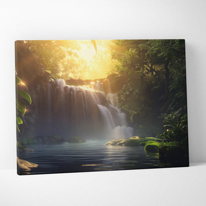 Canvas wall art depicting a glowing waterfall cascading through a lush green forest at sunset with soft golden light.