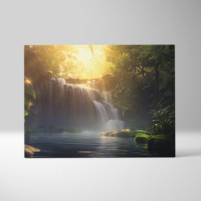 Canvas wall art depicting a glowing waterfall flowing through lush green forest at sunset with warm golden light.