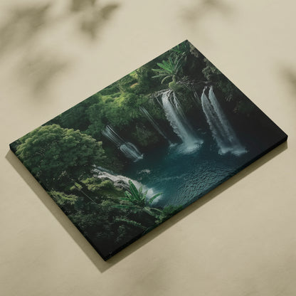 Rectangular canvas wall art featuring a vibrant waterfall cascading into a turquoise pool surrounded by lush green foliage.