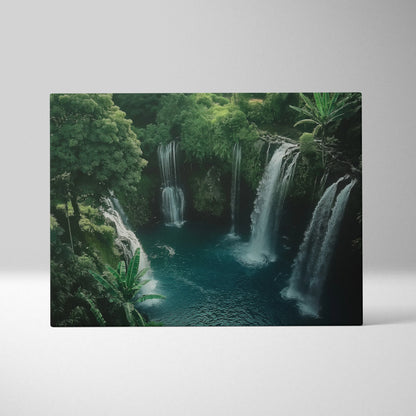 Canvas wall art featuring a lush green forest with cascading waterfalls into a turquoise pool, nature decor.