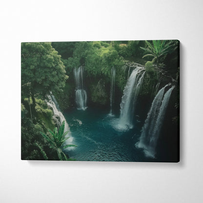 Waterfall and turquoise pool nature scene on high resolution canvas wall art decor.