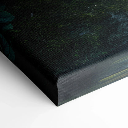 Close-up of dark canvas corner showing textured forest and waterfall art print with deep green and blue tones.