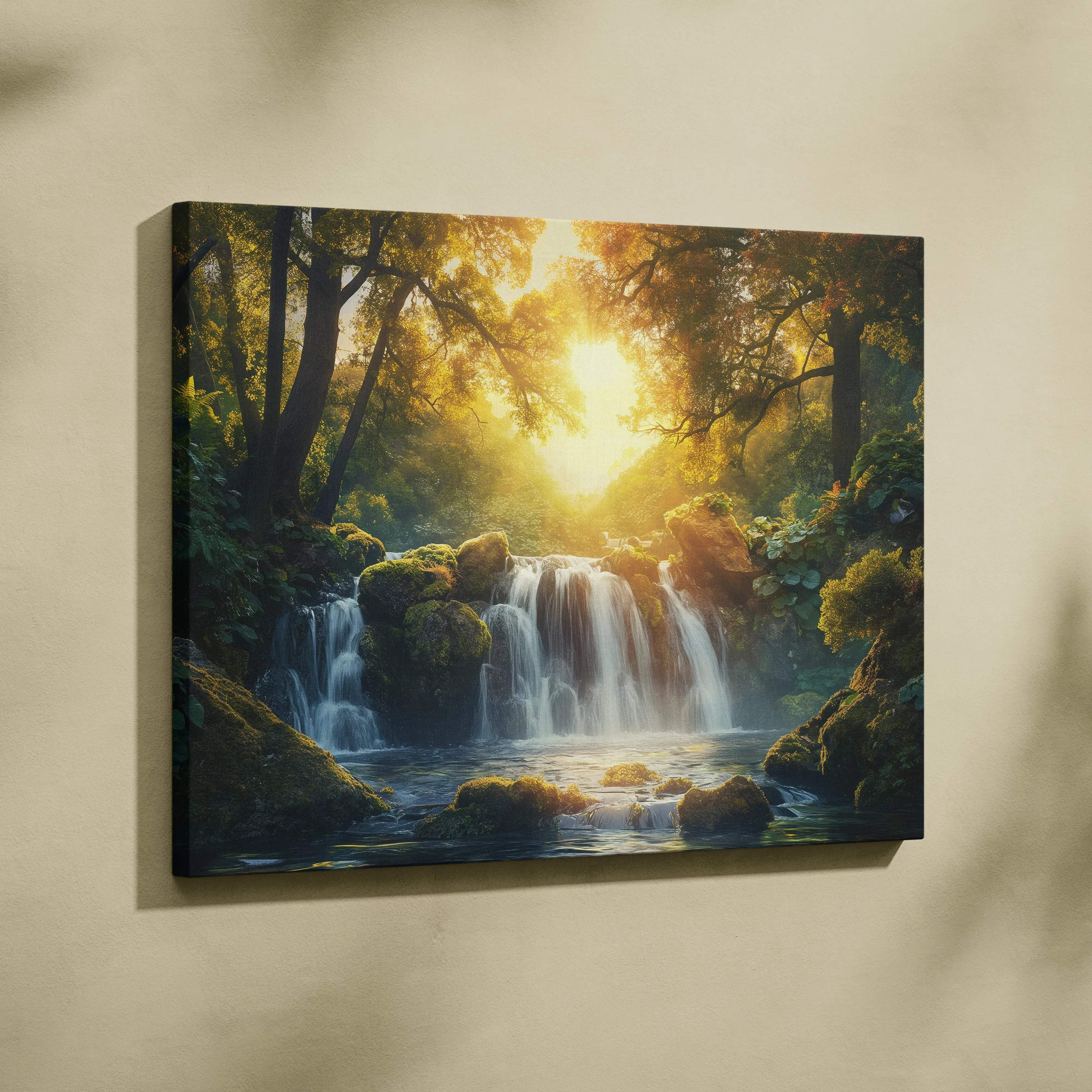 A framed canvas print of a golden sunset forest waterfall with lush greenery and warm sunlight filtering through trees