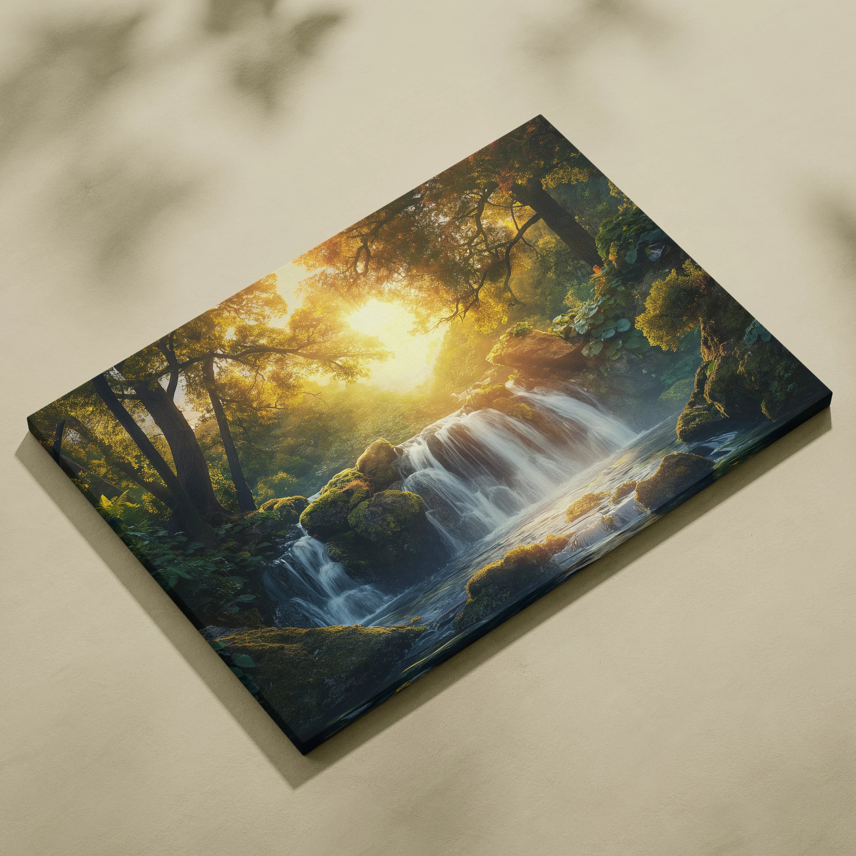 Canvas wall art featuring a vibrant forest waterfall scene at sunset with warm golden light filtering through trees.