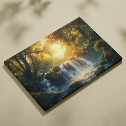 Canvas wall art featuring a vibrant forest waterfall scene at sunset with warm golden light filtering through trees.