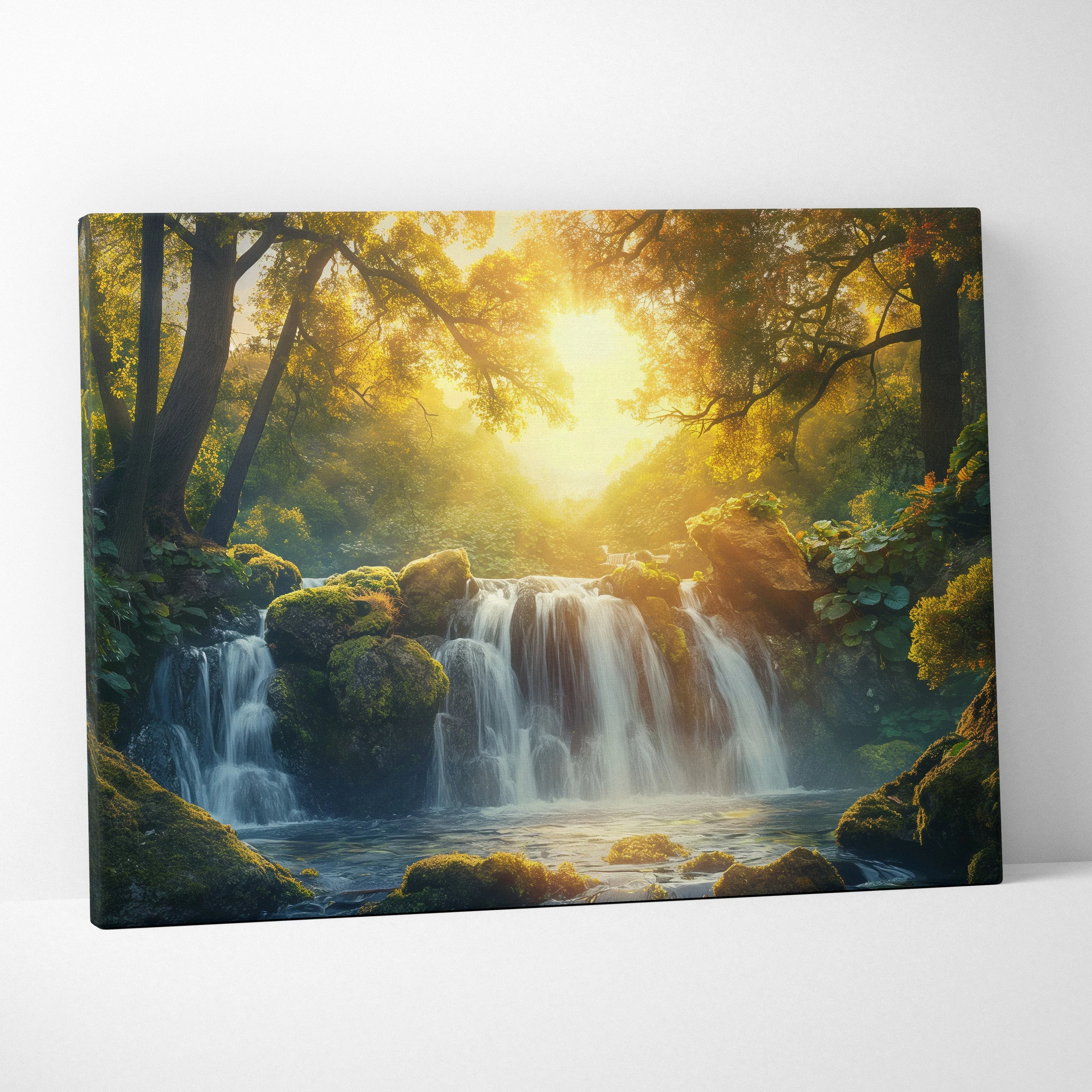 Canvas wall art featuring a vibrant forest waterfall scene with golden sunlight at sunset, rich greens and warm yellows.