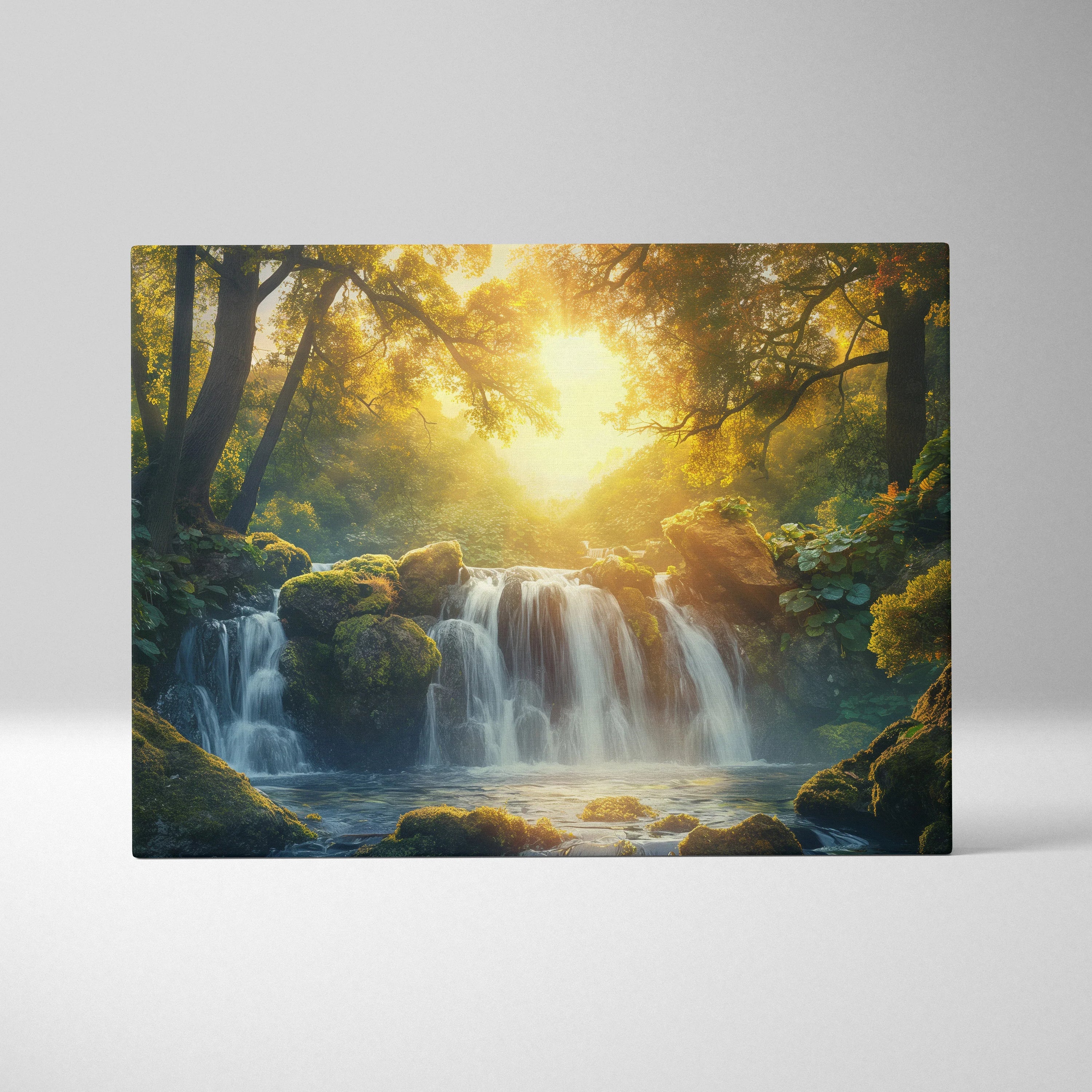 Canvas wall art depicting a glowing sunset over a lush forest waterfall with rich green foliage and warm golden light.