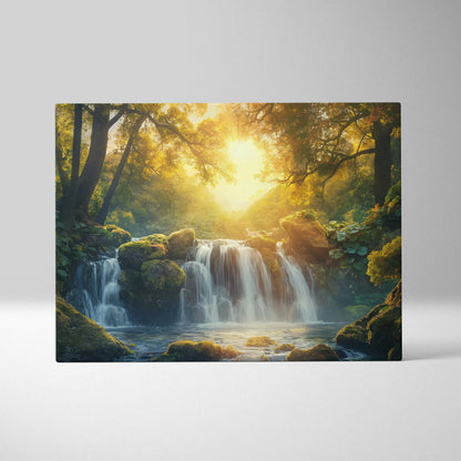 Canvas wall art depicting a glowing sunset over a lush forest waterfall with rich green foliage and warm golden light.