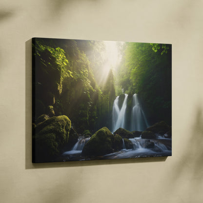 Forest waterfall canvas wall art featuring moss-covered rocks and soft sunlight nature decor.