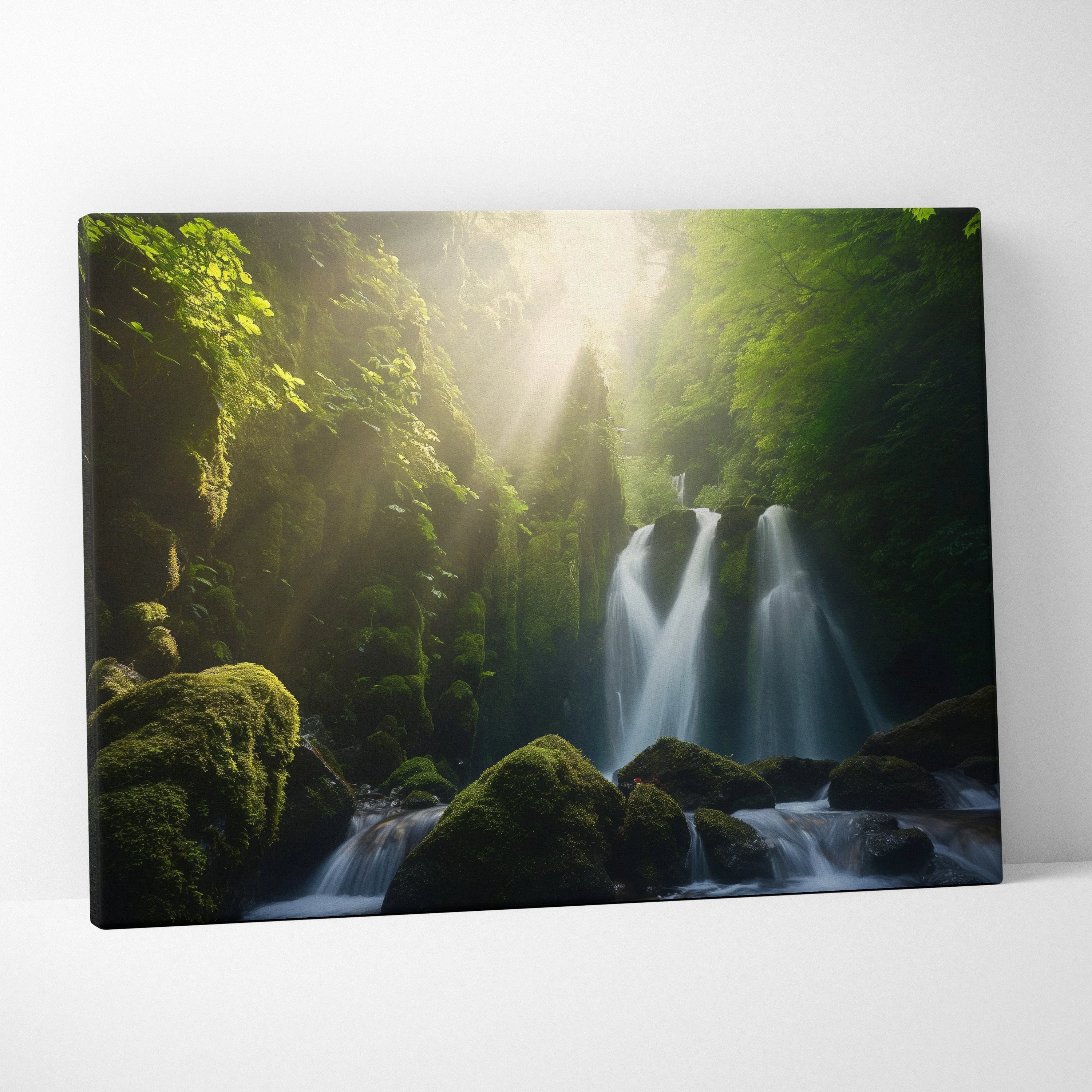 Canvas wall art featuring a serene forest waterfall with moss-covered rocks and soft sunlight beams.