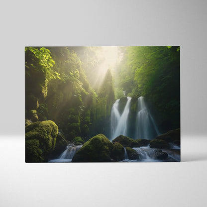 Canvas wall art featuring a serene forest waterfall cascading over moss-covered rocks in soft natural light.