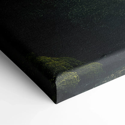 Close-up of dark canvas wall art corner with subtle green moss texture, forest waterfall decor detail.
