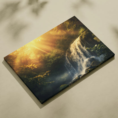 Canvas wall art featuring a sunlit forest waterfall scene with lush green foliage and flowing water decor.