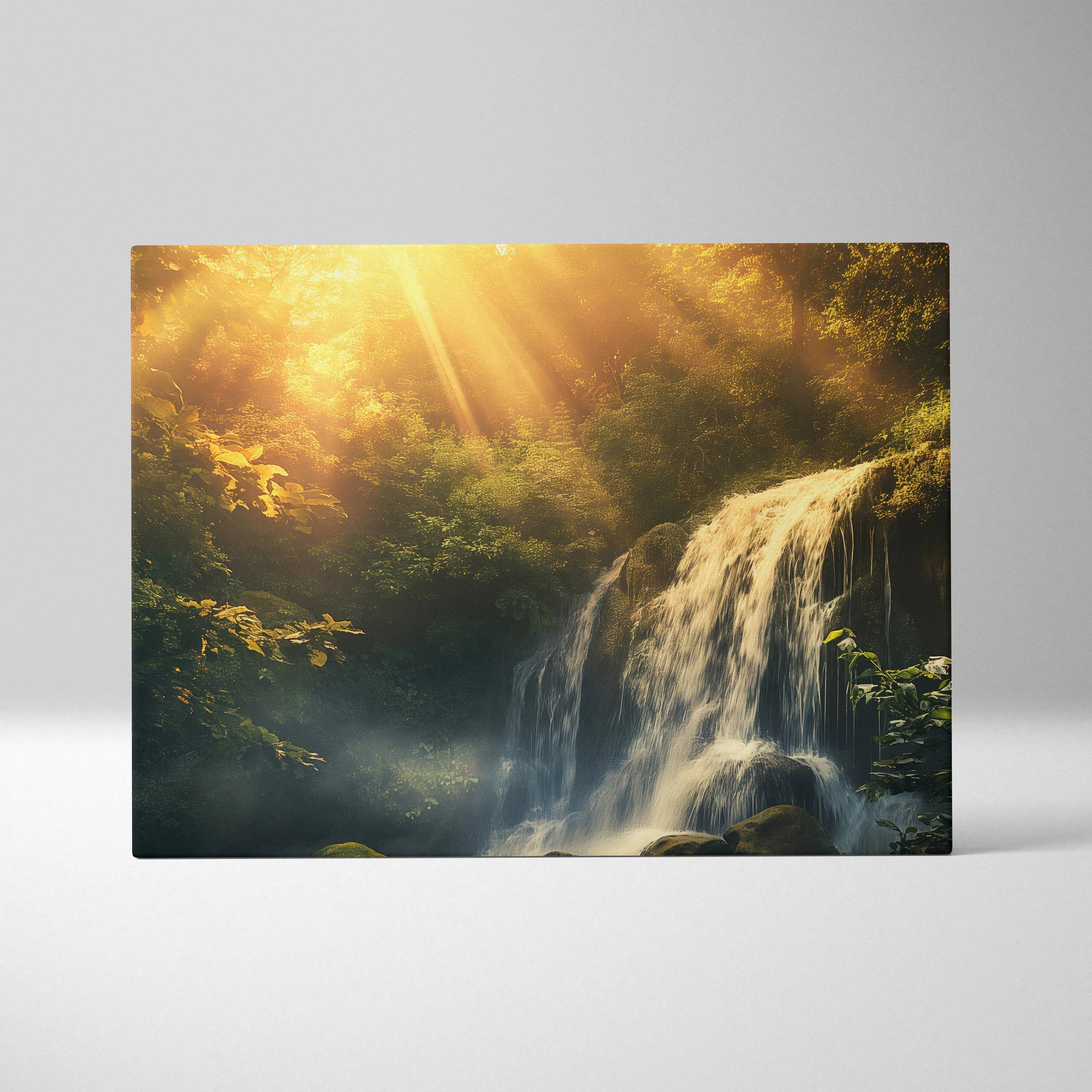 Forest waterfall canvas with sunlight filtering through lush green trees, serene nature wall art decor.