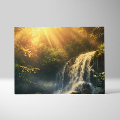 Forest waterfall canvas with sunlight filtering through lush green trees, serene nature wall art decor.