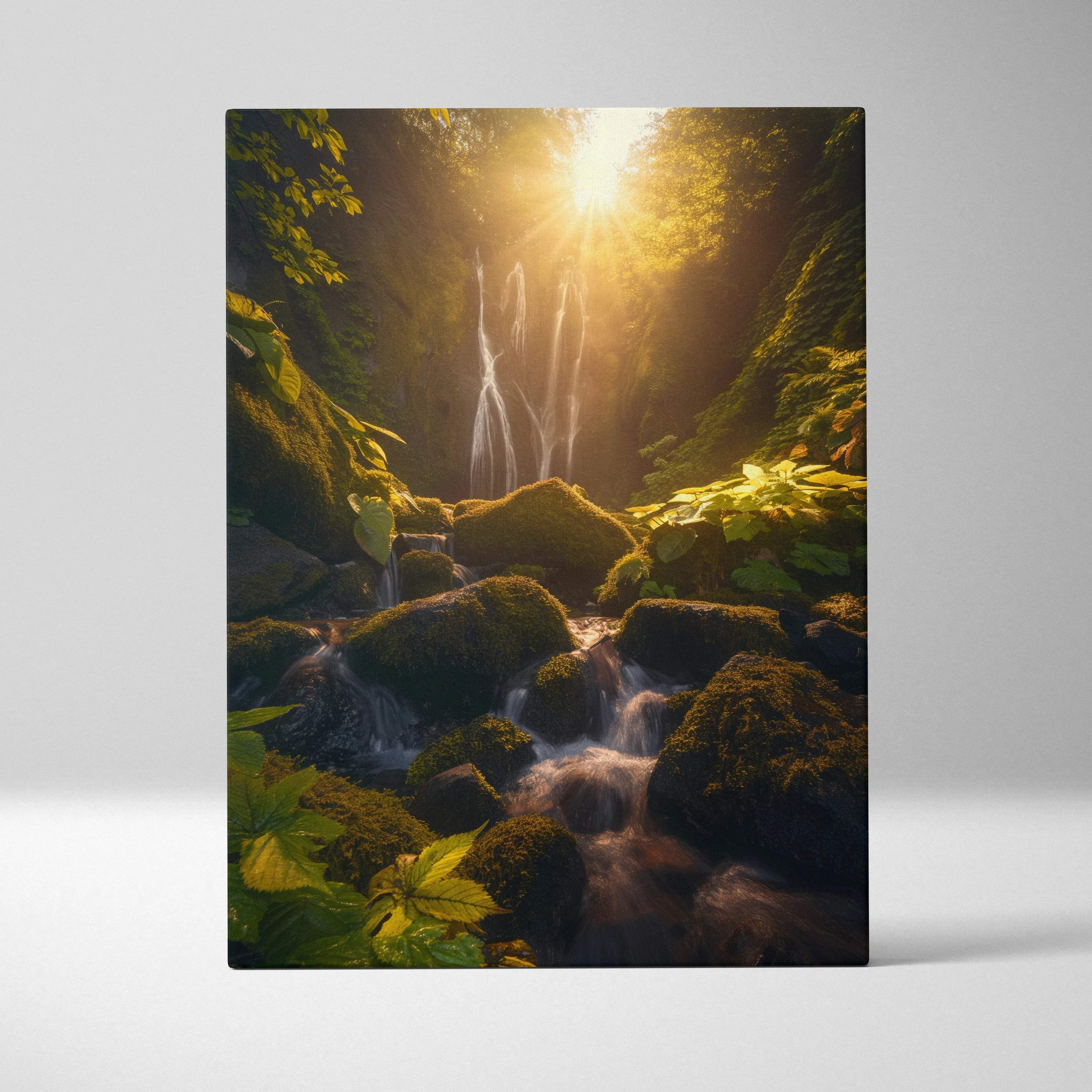 Rectangular canvas wall art featuring a serene forest waterfall with golden sunlight and mossy green rocks at sunset