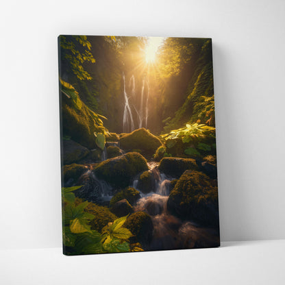 Canvas wall art featuring a serene waterfall glowing at sunset in a lush green forest decor.