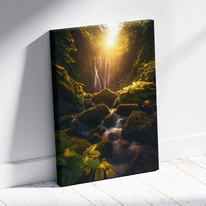 Canvas wall art featuring a green forest waterfall at sunset with glowing sunlight and moss-covered rocks decor.