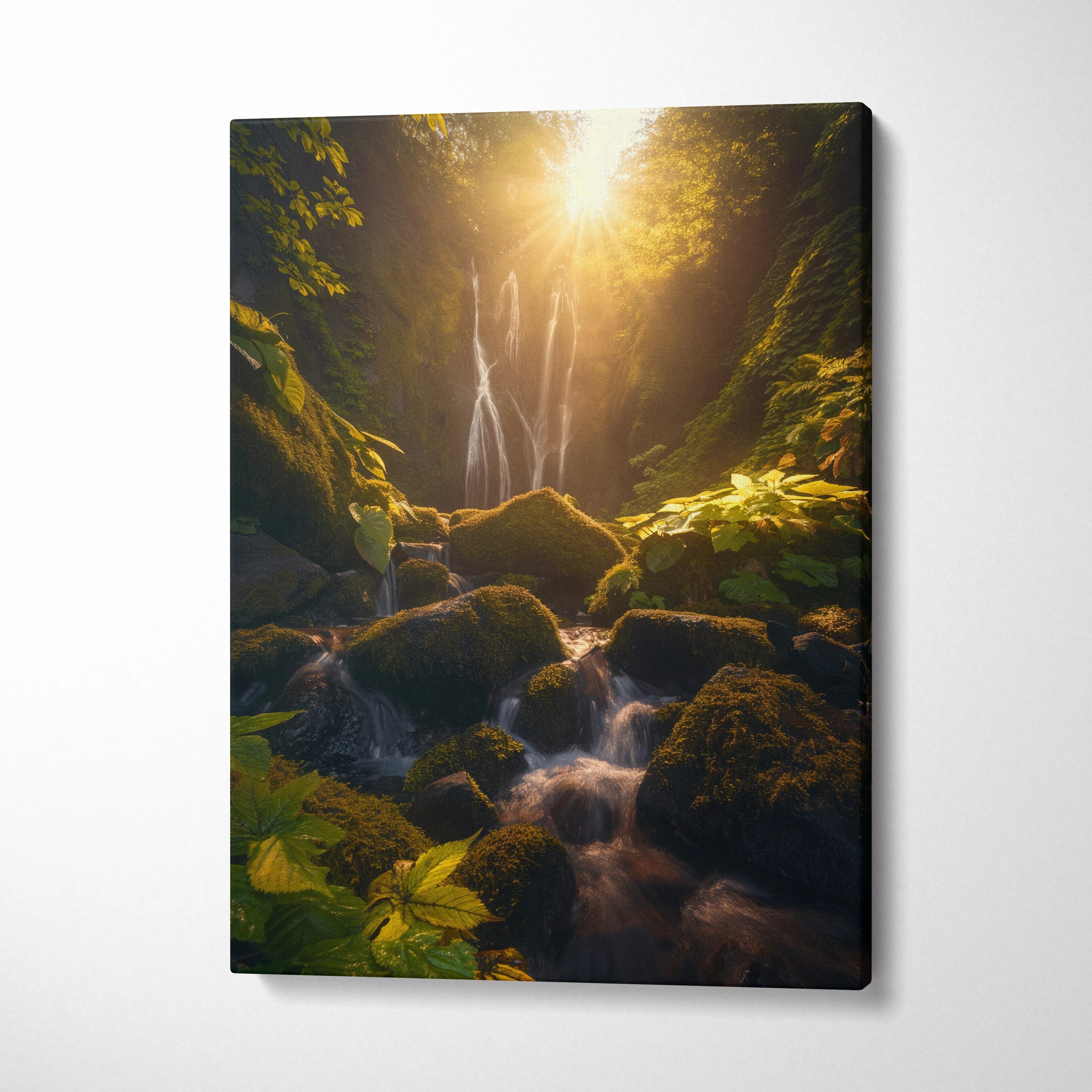 Waterfall in green forest with sunlight at sunset canvas wall art decor in vertical format.